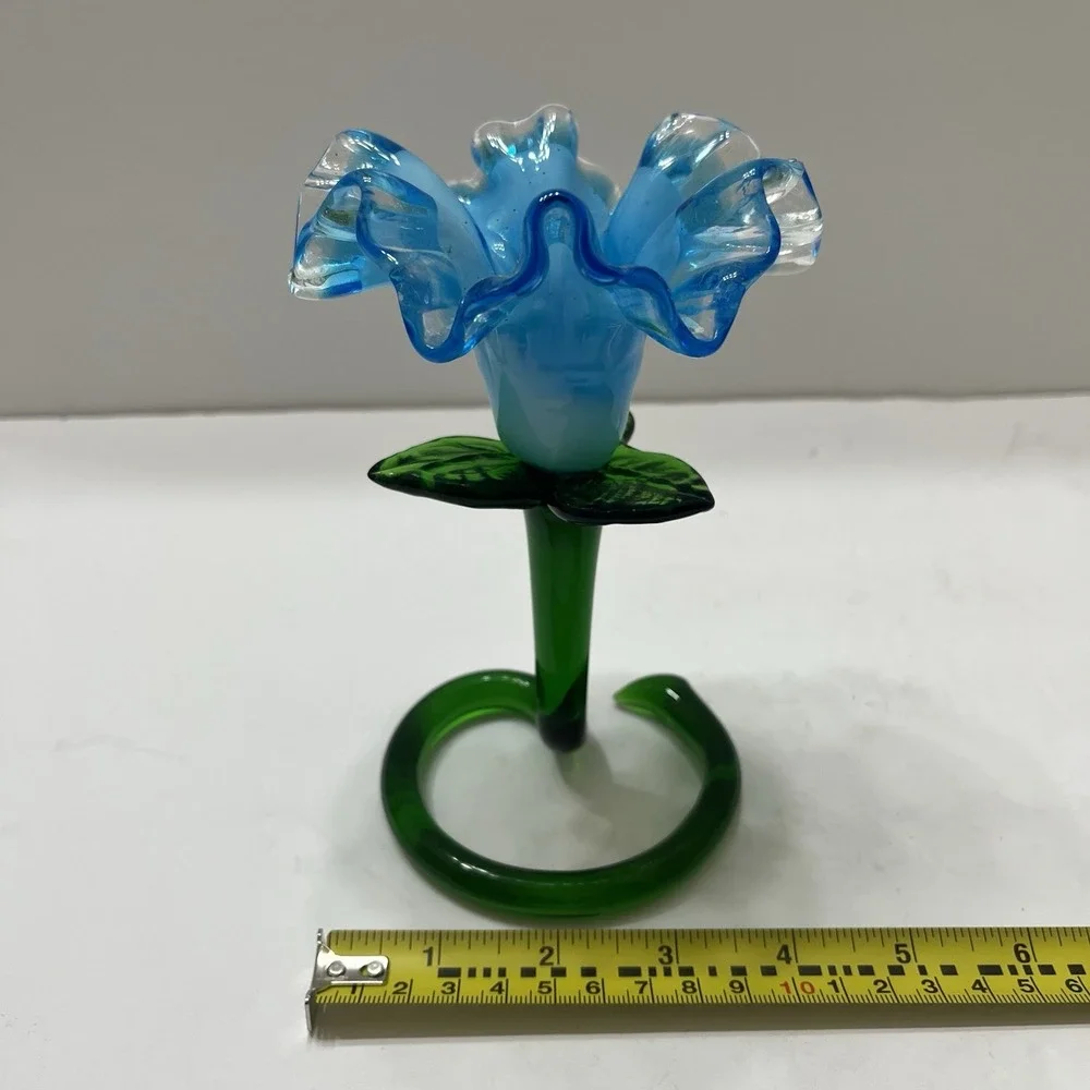 Vintage Hand-Blown Art Glass Flower Vase Candle Holder Bright Blue Ruffled 6x4